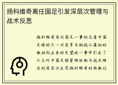 扬科维奇离任国足引发深层次管理与战术反思