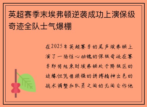英超赛季末埃弗顿逆袭成功上演保级奇迹全队士气爆棚